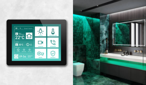 Smart Home Touch Screen device for home control with simple concept app design. Modern interior