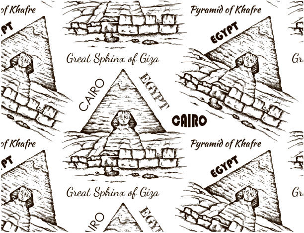 szkic wzór rysunku egiptu. rysunek wielki sfinks z gizy, zarys krajobrazu kairu, piramida sztuki liniowej khufu, cheops - egypt cairo pyramid sunset stock illustrations