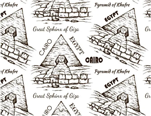 Vector illustration of Sketch drawing pattern of Egypt. Drawing Great Sphinx of Giza, outline Cairo landscape, line art Pyramid of Khufu, Cheops