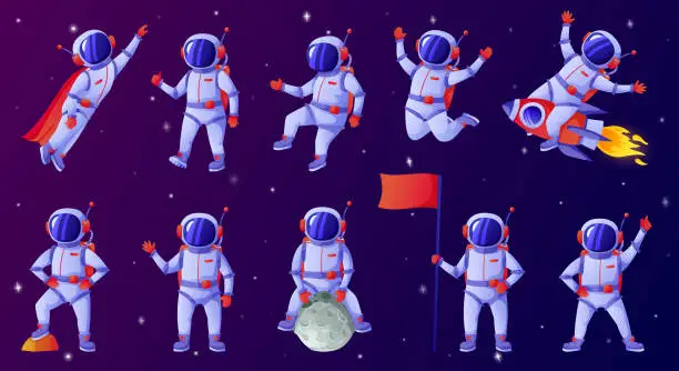 Vector illustration of Cartoon astronaut. Cosmonaut waving hand, holding flag, dancing, sitting on moon, riding rocket. Spaceman in outer space vector set