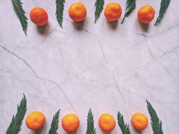 Festive white background. The spruce branch is green. Mandarins. Winter postcard. Christmas card. Flat lay, place for text.