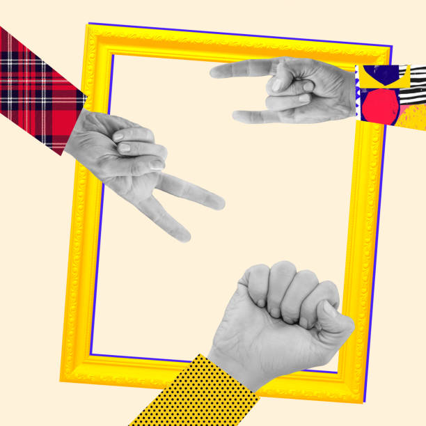 istock Contemporary art collage. Human hands isolated over light background. Gestures, signs 1325785690