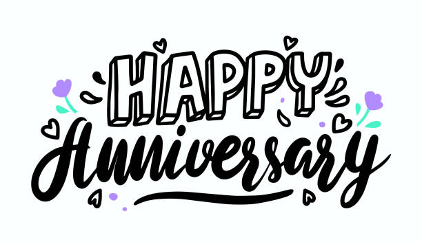 istock Happy Anniversary Hand Drawn Congratulation Quote with Black Sketchy Letters and Flowers. Lettering, Font, Poster Design 1325786148