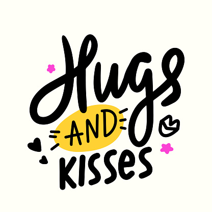 Hugs and Kisses Banner with Hand Drawn Lips, Stars and Hearts. Cute Lettering with Doodle Design Elements. Love or Friendship World Day, T-Shirt Print Isolated on White Background. Vector Illustration