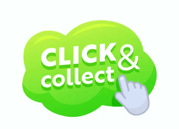 Vector illustration of Click and Collect Green Bubble with Pointing Hand, Promo Banner for Online Shopping and Goods Ordering Service