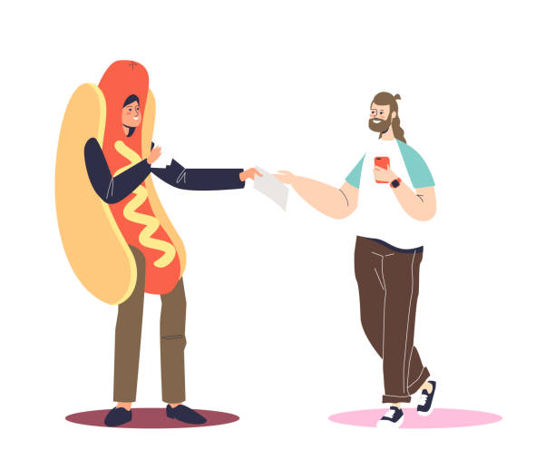streetfood-café-promoter in hot dog-kostüm verteilt flugblätter und flyer mit rabatten - wearing hot dog costume stock-grafiken, -clipart, -cartoons und -symbole