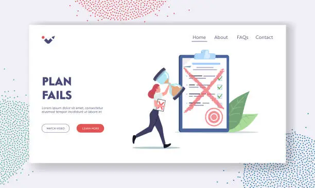 Vector illustration of Plan Fails Landing Page Template. Tiny Female Character Run with Huge Sandglass and Paper Document with Red Cross