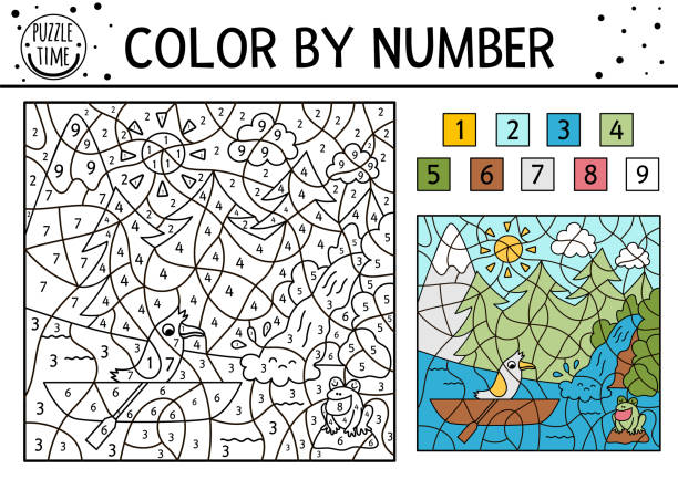 Vector forest color by number activity with trees, mountains, river waterfall and bird in a boat. Summer road trip coloring and counting game. Funny coloration page for kids with nature scene. Vector forest color by number activity with trees, mountains, river waterfall and bird in a boat. Summer road trip coloring and counting game. Funny coloration page for kids with nature scene. river system stock illustrations