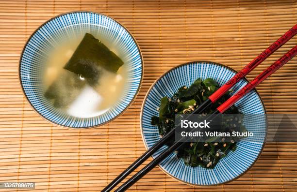 Miso Soup And Wakame Salad Stock Photo - Download Image Now - Wakame, Chopsticks, Japanese Culture