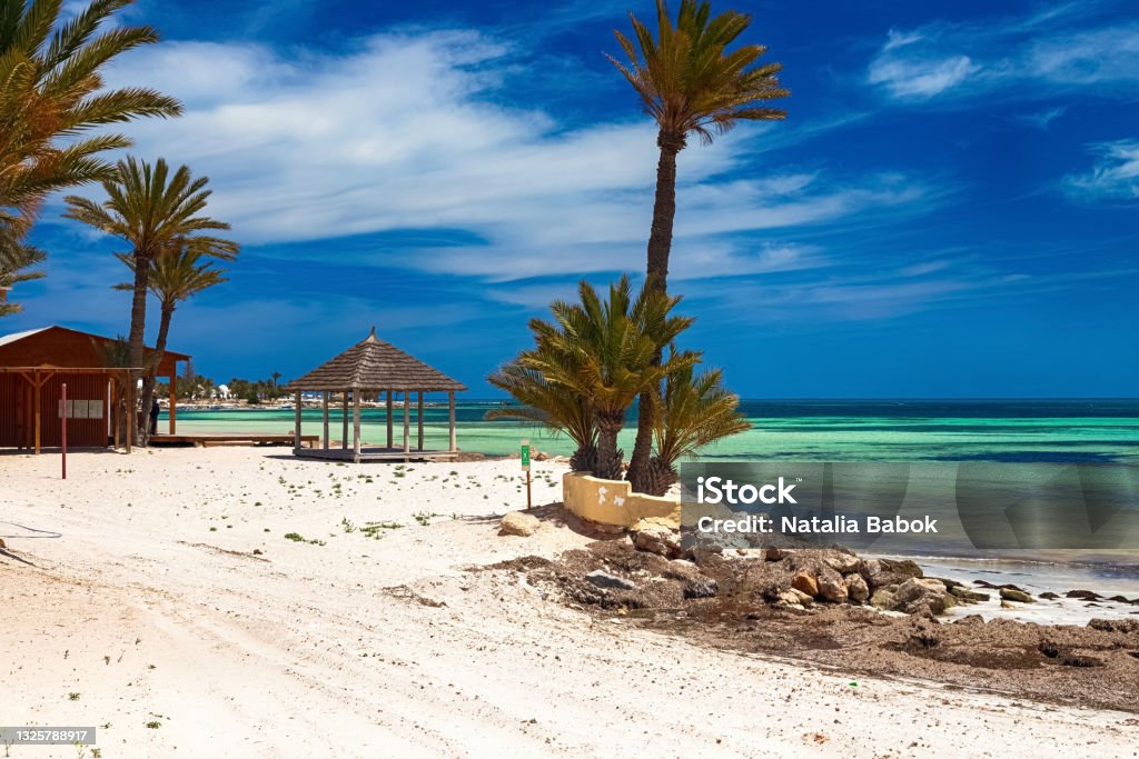 A beautiful view of the Mediterranean coast with birch water, a beach with white sand and a green palm tree. Seascape. A beautiful view of the Mediterranean coast with birch water, a beach with white sand and a green palm tree. Djerba Island, Tunisia Djerba Stock Photo