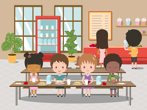 Children eat in school canteen. Vector cartoon illustration of cafeteria interior with tables, chairs. Elementary students eating lunch in cafeteria