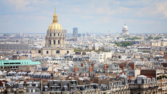 Paris, France - aerial city view with Invalides Palace and Pantheon. UNESCO World Heritage Site.
