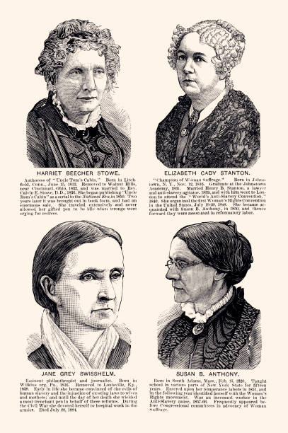 ilustrações, clipart, desenhos animados e ícones de 4 mulheres americanas famosas : harriet beecher stowe; elizabeth cady stanton; jane grey swisshelm; susan b. antony -xxxl com muitos detalhes... - united states history