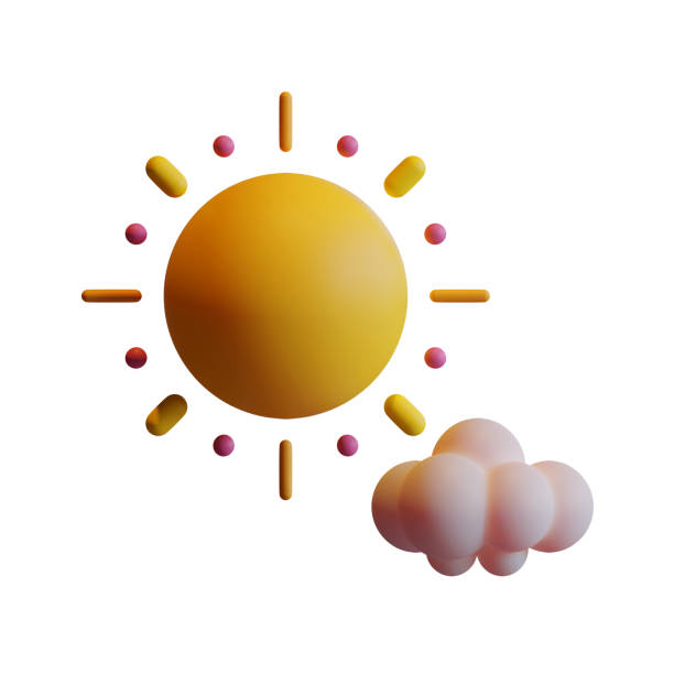 3d weather meteo icons, sun shining, holographic glass morphism cloud. Clear sunny day and cloudy with clearing. Climate forecast elements for app or web design, isolated render set. 3D illustration