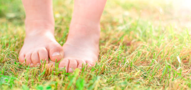 istock barefoot children feet stand on the grass. 1325801773