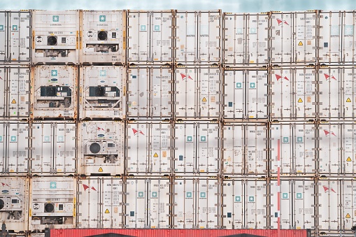 Refrigerated containers stacked at Belfast Harbour, Northern Ireland.