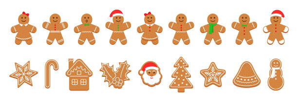Christmas Gingerbread cookies. Cute Xmas pastry. Vector illustration. Xmas Gingerbread cookies. Christmas Classic biscuit. Cute ginger bread men, tree, santa, holly, snowman and gift box. Noel holiday sweet dessert isolated on white background. Vector illustration. homemade gift boxes stock illustrations