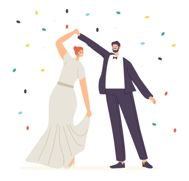 ilustraciones, imágenes clip art, dibujos animados e iconos de stock de feliz pareja de recién casados realizar baile de boda durante el concepto de celebración. los personajes de novia y novio recién casados bailan - love romance cartoon heterosexual couple