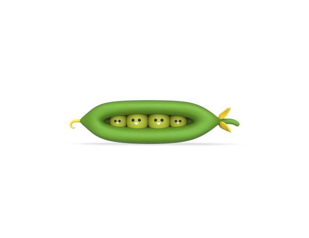 happy peas in einem pod 3d rendermodell - green pea pea pod sweet food freshness stock-fotos und bilder