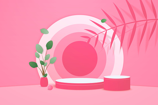 Pink Color Rendering Background Vector 3d Pink Rendering With Podium And Minimal Pink Wall ...