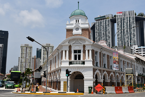Singapore, Singapore - August 24, 2019: The Jinrikisha Station building, which was once a rickshaw depot, in the Tanjong Pagar district in Chinatown.