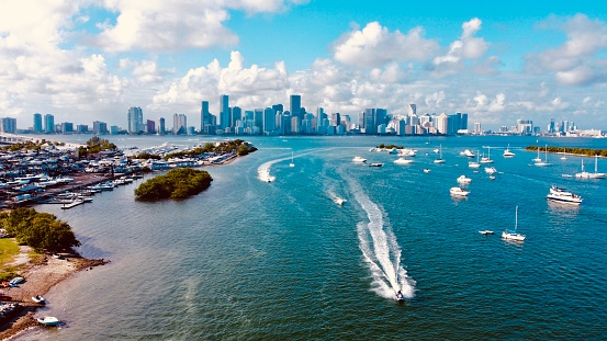 Arial view of Key Biscayne Bay overlooking Miami Downtown