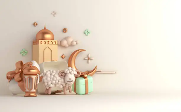 Eid al adha islamic decoration background with goat sheep arabic lantern crescent, gift box, ramadan kareem, mawlid, iftar, isra miraj, eid al fitr, muharram, copy space text area, 3D illustration.