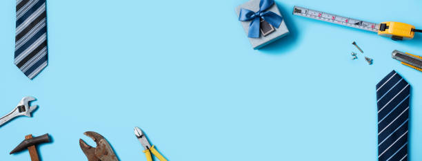 istock Top view design concept of Father's day with working tools on blue background. 1325828567