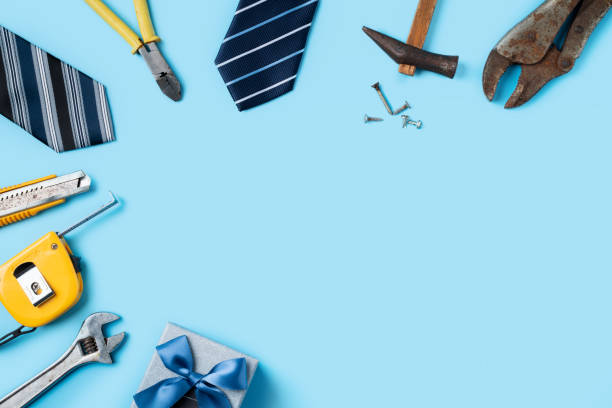 istock Top view design concept of Father's day with working tools on blue background. 1325828624