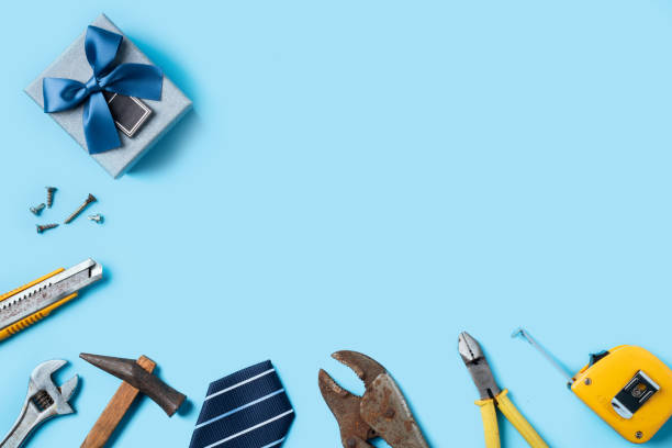 istock Top view design concept of Father's day with working tools on blue background. 1325828629