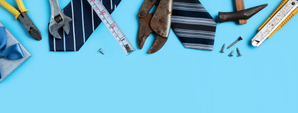 istock Top view design concept of Father's day with working tools on blue background. 1325828659