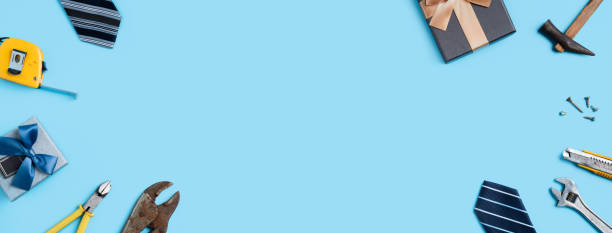 istock Top view design concept of Father's day with working tools on blue background. 1325828704