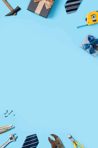 istock Top view design concept of Father's day with working tools on blue background. 1325828722