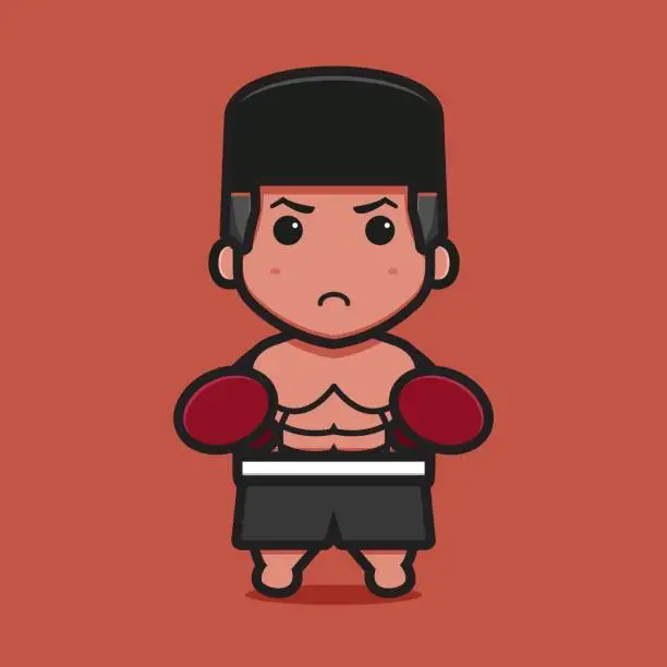 Vector illustration of Cute boxer character with double punch pose cartoon vector icon illustration.
