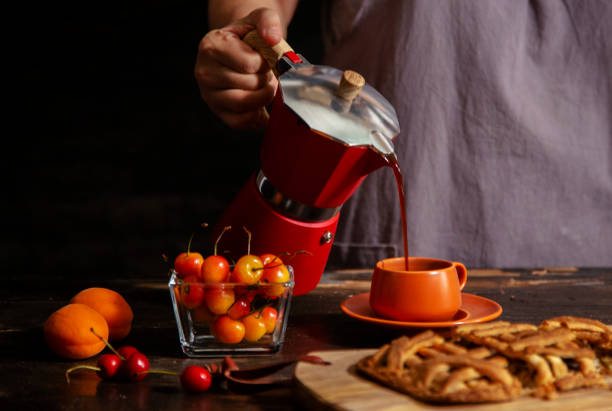 coffee break: savory pie, fresh fruits and coffee