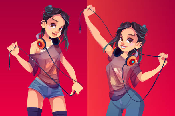 ilustrações, clipart, desenhos animados e ícones de dj girl em fones de ouvido roupas modernas e penteado - jockey shorts