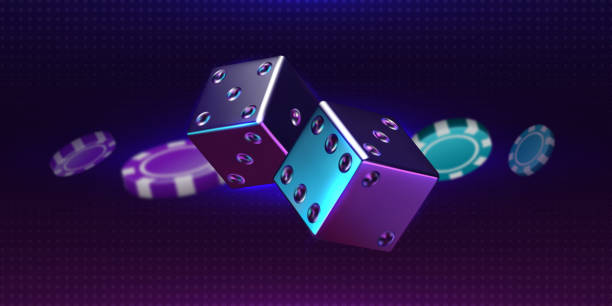 latar belakang kasino. realistis dilemparkan sepasang dadu dan bermain chip. elemen 3d perjudian mewah. menggulung kubus dengan efek holografik berwarna-berwarna. taruhan online vektor dan permainan berisiko - casino online ilustrasi stok