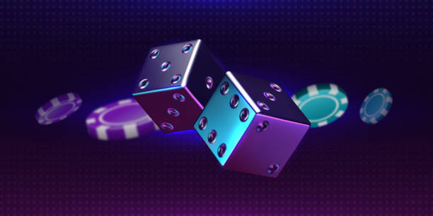 ilustrações de stock, clip art, desenhos animados e ícones de casino background. realistic thrown pair of dice and playing chips. luxury gambling 3d elements. rolling cubes with iridescent holographic effect. vector online betting and risky games - rolling dice