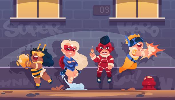 Superhero kids team. Cartoon background with children cosplaying comics heroes in funny costumes and masks. Boys and girls flying and fighting against evil. Vector brave teenagers set Superhero kids team. Cartoon background with children cosplaying comics movie heroes in funny costumes and masks. Boys and girls flying in cite and fighting against evil. Vector brave teenagers set scenery video stock illustrations