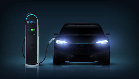 Electric car charge. Green energy concept. Realistic automobile charging battery at station. Auto with glowing headlights recharges accumulator. Vector eco innovation refuel transport technologies