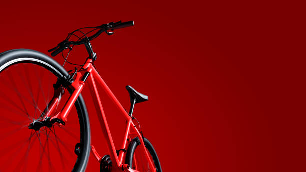 rotes mountainbike auf rotem hintergrund - on wheels fotos stock-fotos und bilder