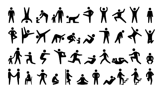 People black icons. Stickman persons. Isolated human actions. Men and women in various poses. Minimal pose silhouettes set. Male and female training. Mother walking with kid. Vector posture pictograms