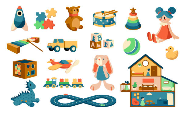 stockillustraties, clipart, cartoons en iconen met cartoon toys. babies objects for playing games. kids educational jigsaw and puzzles. plush animals or cute dollhouse. musical instruments for children. vector colorful playthings set - speelgoed