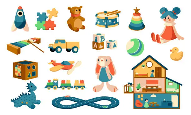 Vector illustration of Cartoon toys. Babies objects for playing games. Kids educational jigsaw and puzzles. Plush animals or cute dollhouse. Musical instruments for children. Vector colorful playthings set