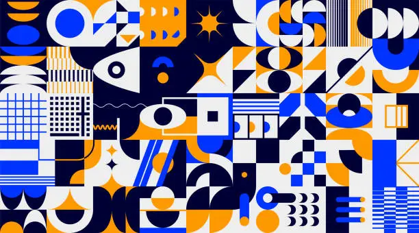 Vector illustration of Abstract brutalism background. Geometric minimalistic forms, contemporary graphic collage. Bright shapes blue or orange circles, black and white grid elements. Vector avant-garde art