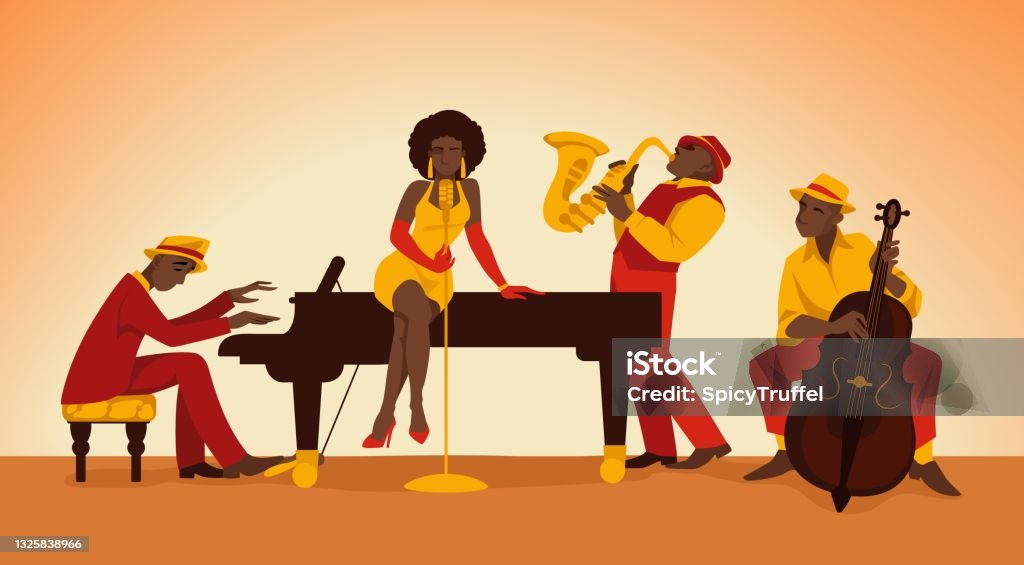 Ilustración de Músico Banda De Jazz De Dibujos Animados Las Personas Actúan  En El Escenario Mujer Cantando Hombres Tocando Música Acústica Con  Contrabajo Saxofón Y Piano Artistas De La Orquesta Del Vector