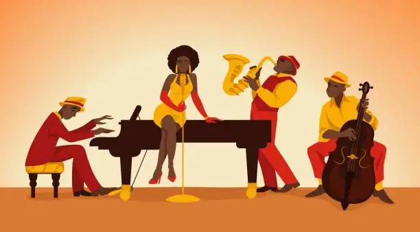 Vector illustration of Musician. Cartoon jazz band. Persons perform on stage. Woman singing. Men playing acoustic music with double bass, saxophone and piano. Vector orchestra artists with musical instruments