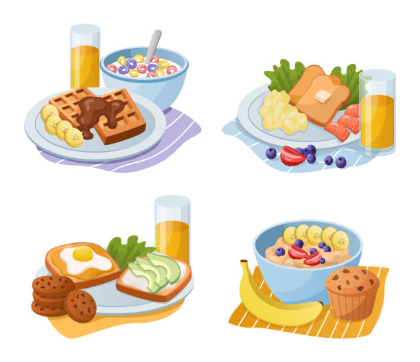 ilustrações de stock, clip art, desenhos animados e ícones de breakfast meals. cartoon morning food types. serving lunch with sandwiches and sweet muffins. bowl of muesli or oatmeal. isolated baked cookies and waffles. vector brunch snacks set - oatmeal