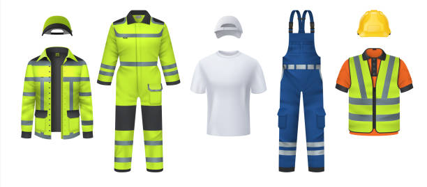 Professional uniform. Realistic work wear with helmet and reflective protective stripes. Isolated coveralls and headgears, t-shirt or vest. Garment for repairman. Vector clothes set Professional uniform. Realistic safety work wear with helmet and reflective protective stripes. Isolated coveralls and headgears, t-shirt or vest. Bright garment for repairman. Vector clothes set rompers stock illustrations