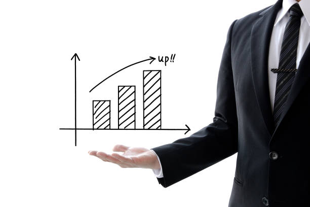 Business man and upward graph on white background